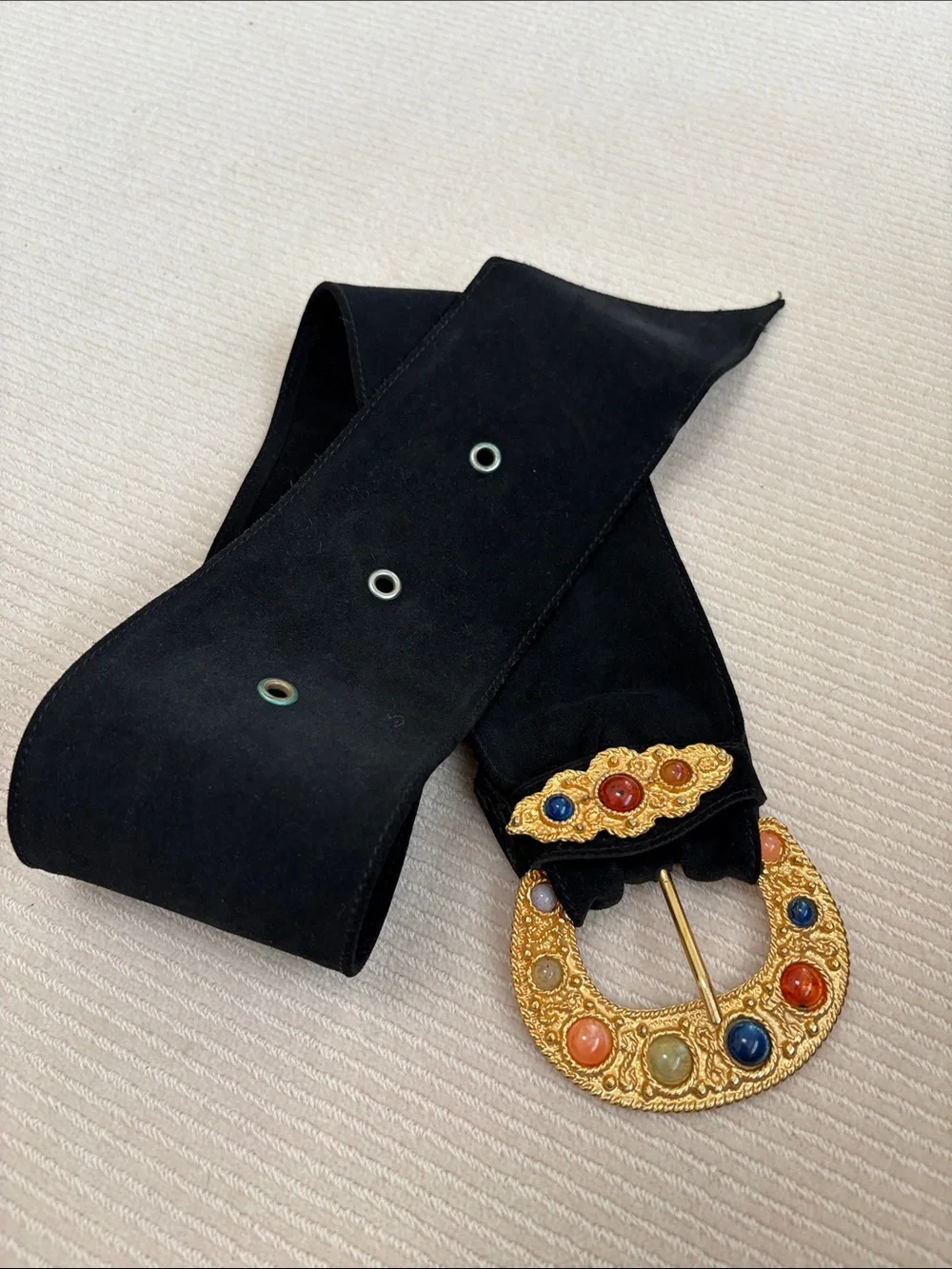 Black Suede Leather Belt with Gold Gem-Studded Buckle